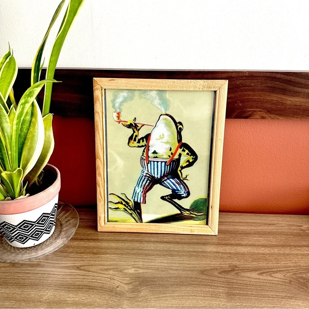 Vintage Style Frog Smoking a Pipe Old Timey Canvas Art Print Raw Wood Framed Art